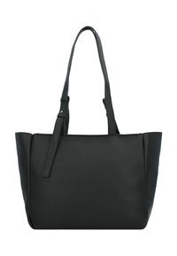 Sac fourre-tout en cuir noir avec poignées doubles, finition texturée et une étiquette de marque bien visible. Design minimaliste avec une structure à ouverture supérieure.
