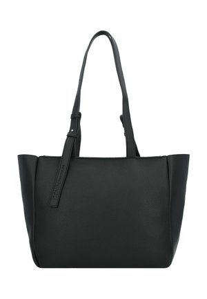 Sac fourre-tout en cuir noir avec poignées doubles, finition texturée et une étiquette de marque bien visible. Design minimaliste avec une structure à ouverture supérieure.