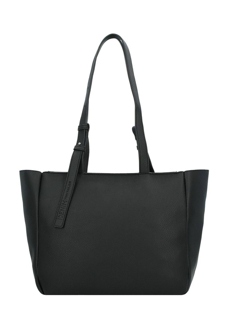 Sac fourre-tout en cuir noir avec poignées doubles, finition texturée et une étiquette de marque bien visible. Design minimaliste avec une structure à ouverture supérieure.