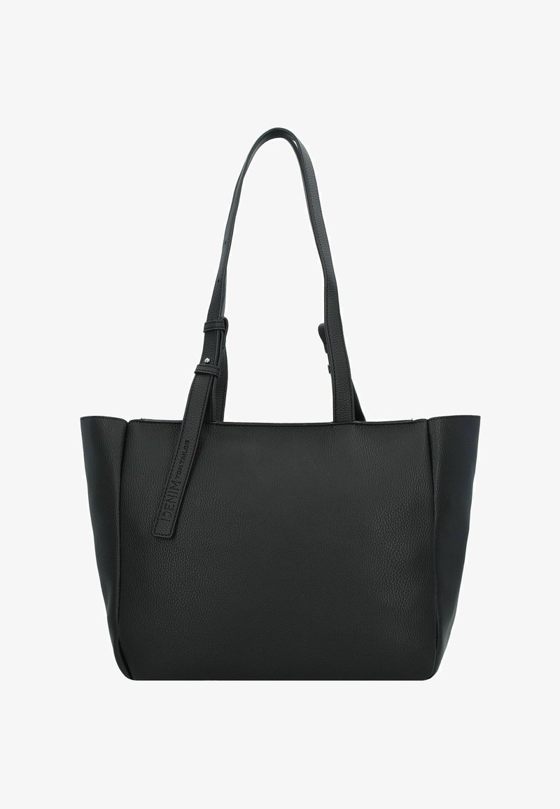 Sac fourre-tout en cuir noir avec poignées doubles, finition texturée et une étiquette de marque bien visible. Design minimaliste avec une structure à ouverture supérieure.