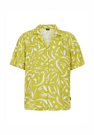 Camicia a maniche corte in lino verde lime con motivi astratti bianchi, dotata di colletto a notched e orlo dritto.