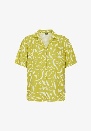 Košulja kratkih rukava s dugmadi u limetasto zelenom lanenom materijalu s bijelim apstraktnim uzorcima, s ovratnikom urezanim na vrhu i ravnim rubom.