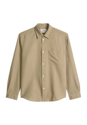 Beige long-sleeve button-up shirt with collar and chest pocket, made of denim fabric, displayed flat on white background.