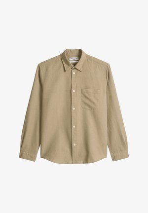 Beige long-sleeve button-up shirt with collar and chest pocket, made of denim fabric, displayed flat on white background.