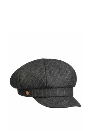 Dark gray wool flat cap with subtle pinstripes and a small round brown logo badge on the side.