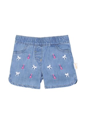 Pantaloncini di jeans per bambini con cintura elastica, decorati con ricami di una giraffa rosa e un fiocco bianco sul davanti.