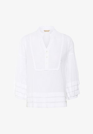 Weißes Baumwollblusenshirt mit einem V-Ausschnitt und drei Knöpfen. Merkmale sind gepuffte Ärmel mit gestuften Rüschen und ein strukturierter Stoff mit dezenten Streifen.