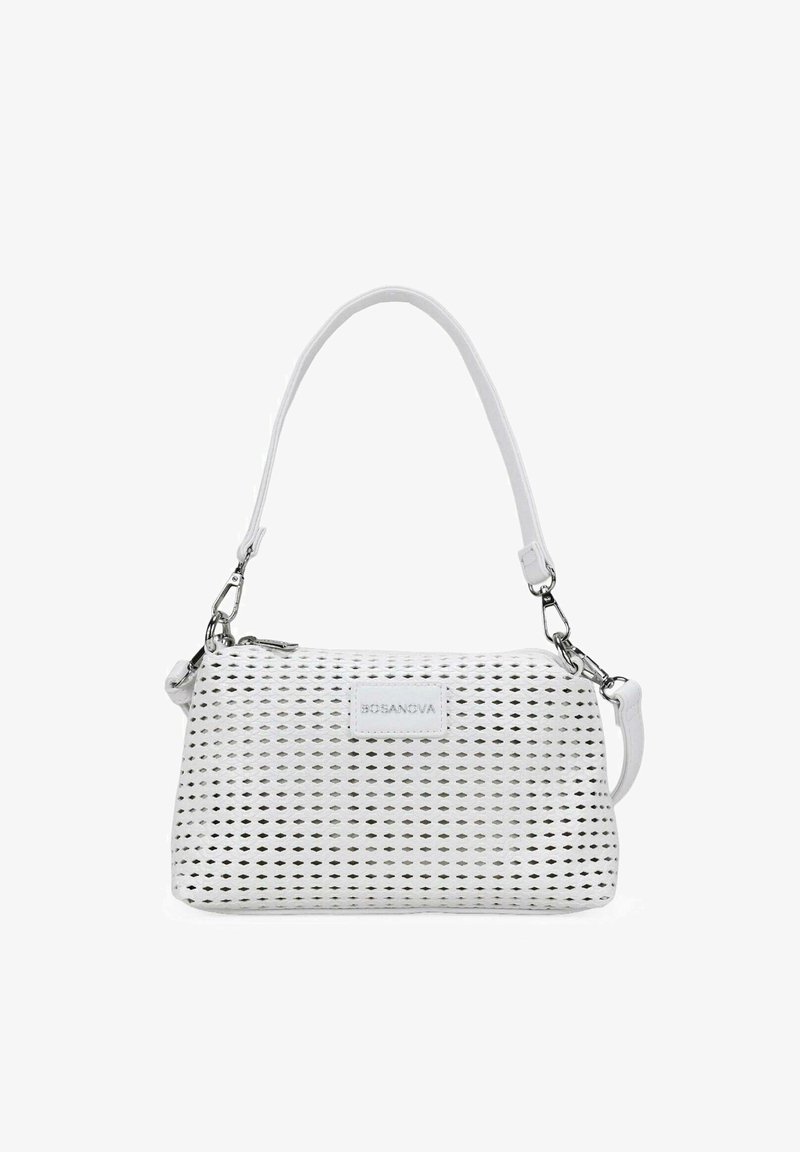 White textured handbag with detachable strap and silver clasps, rectangular shape, front label with brand name "BOSANOVA."