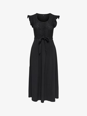 Mustast midikleidist, millel on lühikesed volangidega varrukad, nööbitav silmkoelise pitsiga ülakeha ja vöökohal seotud vöö.