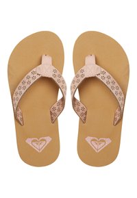 Rosa flip-flops med perforerade remmar och bruna sulor. Har en hjärtlogotyp i silver på varje innersula. Platt design och avslappnad stil.