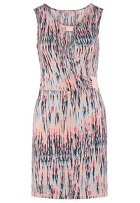 Robe sans manches longueur genou dans des tons pastel clairs avec un motif abstrait rose, noir et bleu. Présente un design portefeuille subtil.