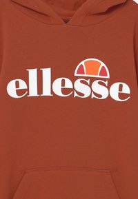 Sudadera con capucha en color terracota, con logo "ellesse" blanco y un gráfico colorido que representa un medio sol sobre el texto. Textura suave.