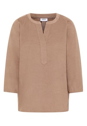 Beige Langarm-Tunika mit rundem Ausschnitt und kleinem V-Ausschnitt, aus weichem, strukturiertem Stoff, mit dem Etikett "CECEL" im Kragen.