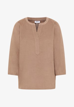 Beige langærmet tunika med rund halsudskæring og lille v-udskæring, lavet af blødt struktureret stof, mærket "CECEL" inden i kraven.