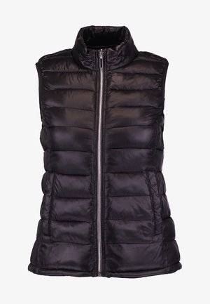 Chaleco negro acolchado sin mangas con cuello alto y cremallera frontal, diseñado para ofrecer calidez ligera y un uso casual.