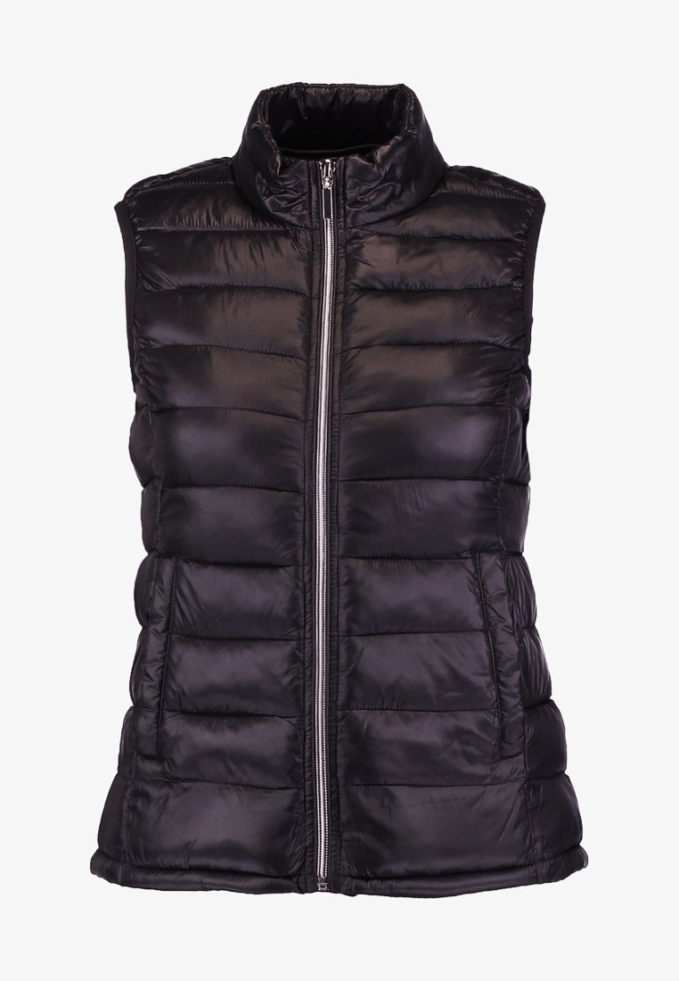 Doudoune sans manches noire matelassée avec col montant et fermeture éclair avant, conçue pour offrir une chaleur légère et un style décontracté.