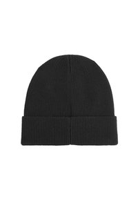 Zwarte gebreide beanie met een geribbelde textuur; voorzien van een omgeslagen rand en een naadloze top. Eenvoudig en functioneel ontwerp.