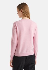 Maglione rosa chiaro realizzato in morbido tessuto, caratterizzato da un collo rotondo, polsini a coste e orlo dritto, mostrato da dietro.