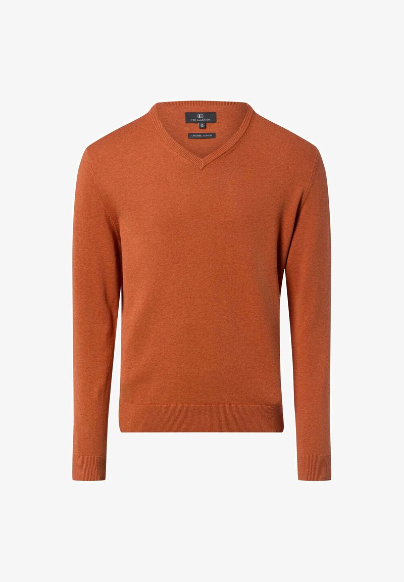 Pull à col en V orange, en coton biologique. Caractéristiques : manches longues, poignets côtelés, et couleur unie sans motifs supplémentaires.