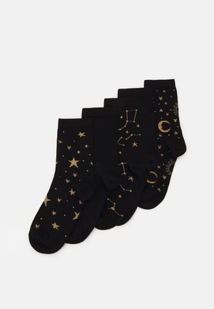 Black socks set featuring gold patterns of stars, constellations, and celestial motifs, with varying designs across five pairs.