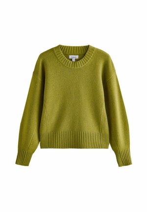Olive green crewneck sweater with ribbed cuffs, neckline, and hem, featuring a speckled knit texture.
