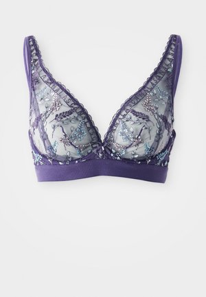 Bralette violet en maille transparente avec broderie florale en bleu et lavande, bande douce et bretelles réglables.