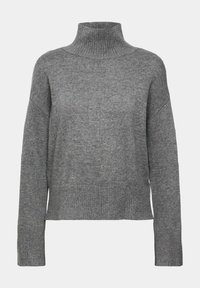 Pull à col roulé en maille grise avec manches longues et poignets et ourlet côtelés, présenté sur un fond clair uni.