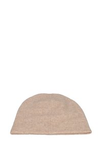 Light beige knit beanie featuring a smooth texture, rounded shape, and a seamless design. Subtle speckled pattern throughout.