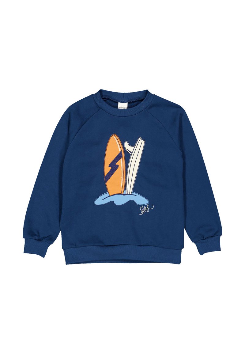 Felpa blu navy con maniche raglan, caratterizzata da una grafica di due tavole da surf su un'onda. Tessuto morbido, polsini e orlo a costine.
