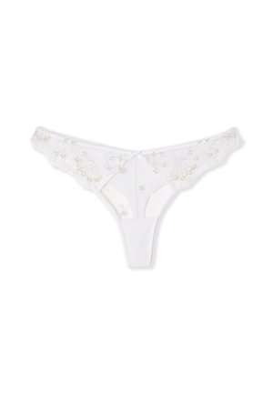White lace thong underwear with delicate floral embroidery and a small center bow, displayed on a plain white background.