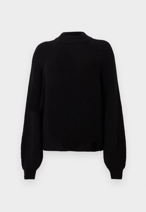 Pulover negru din tricot cu model cu nervuri, cu guler înalt și mâneci lungi tip balon, prezentat pe un fundal alb simplu.