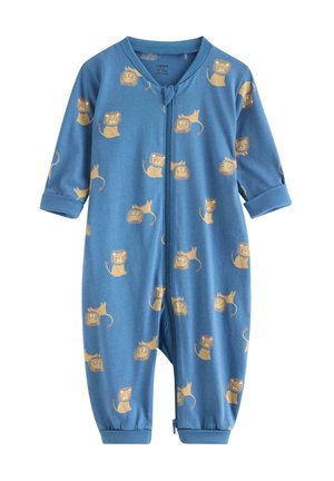 Niebieski bawełniany kombinezon z długimi rękawami, z zamkiem z przodu i beżowym wzorem lwa. Mankiety przy rękawach i nogawkach, miękka tekstura.