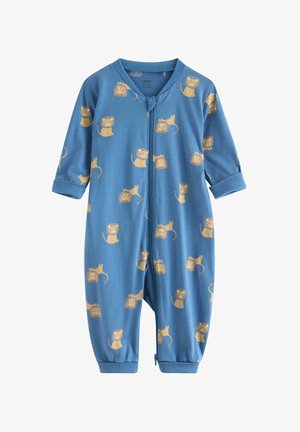 Sininen puuvillainen haalari, jossa pitkät hihat, edessä vetoketju ja beigen värinen leijonakuosi. Hihansuissa ja lahkeissa resorit, pehmeä tuntuma.