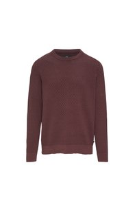 Bordeaux sweater met een getextureerd honingraatpatroon, geribbelde ronde hals en boorden. Klassieke pasvorm met zijsplitten aan de onderkant.