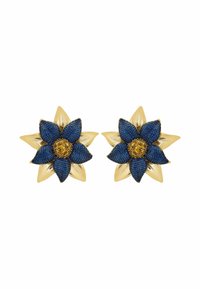 Gold-tone flower earrings with blue textured petals and a yellow center. Features five blue petals and tapered gold accents.