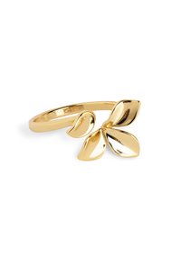 Goldener Metallring mit minimalistischem Design, drei blattförmigen Akzenten, polierter Oberfläche und schmalem Band.