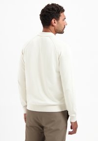Witte gebreide pullover met kraag, voorzien van lange mouwen en ribbels aan de manchet. Soepele textuur met een aansluitende silhouet, weergegeven vanuit de achterkant.