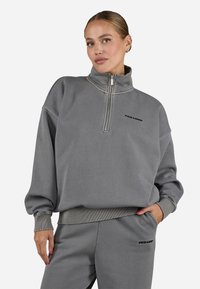 Gray quarter-zip sweatshirt made of soft cotton blend, featuring a ribbed hem, cuffed sleeves, and a "PEGAADOR" logo on the chest.