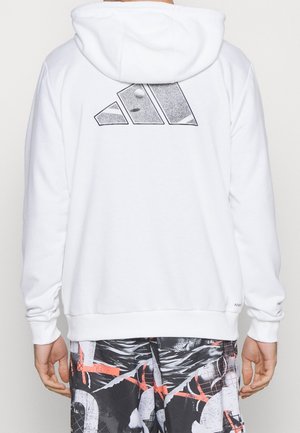 Felpa bianca con cappuccio caratterizzata da una grande grafica nera sul retro, con polsini e orlo a costine per un look aderente.