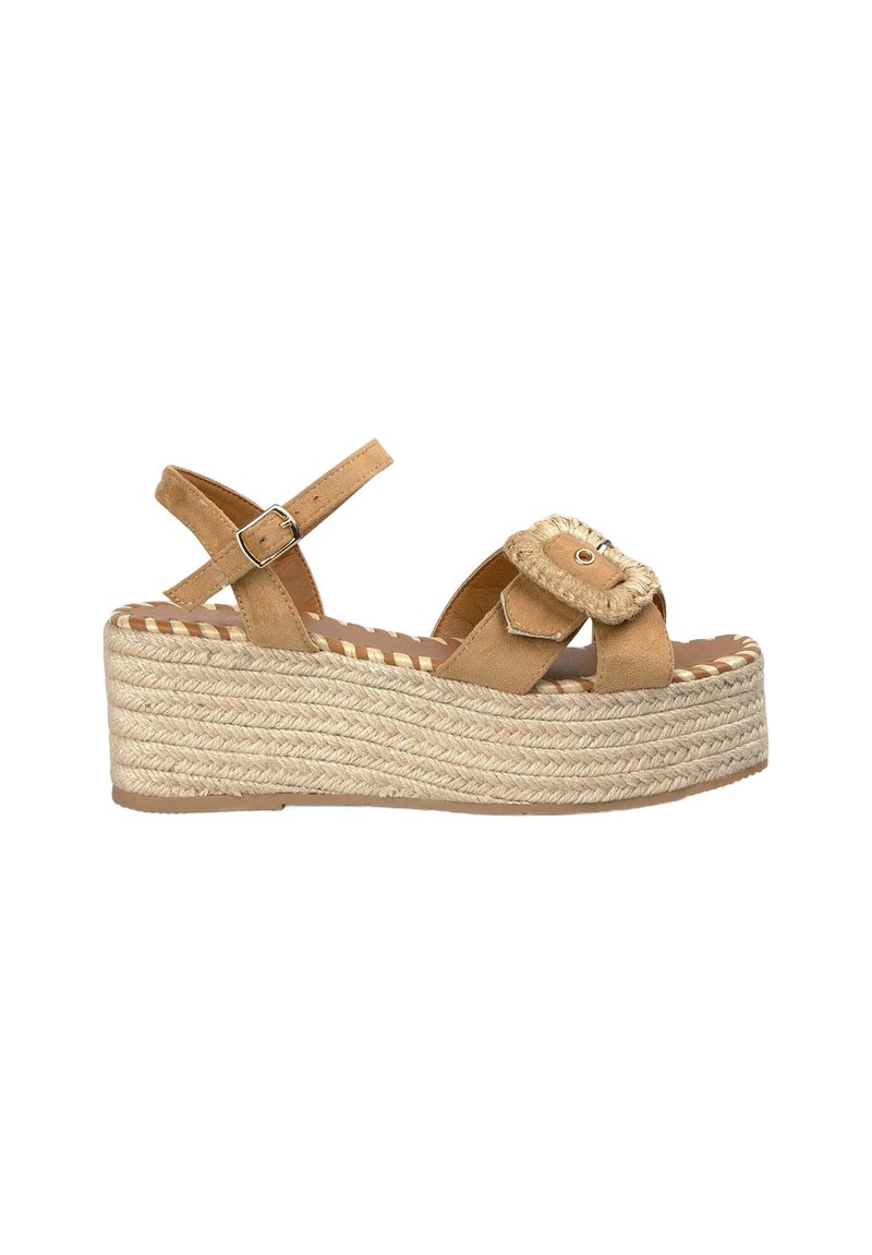 Sandales compensées en suède marron avec plateforme en jute tressé, bride de cheville ajustable et détail de boucle décorative. Design décontracté et texturé.