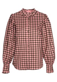 Blusa a scacchi rosa e nera con colletto arricciato, apertura frontale con bottoni e maniche gather. Realizzata in tessuto testurizzato con una vestibilità comoda.