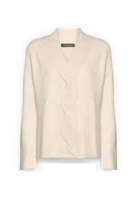 Pull en tricot couleur crème avec manches longues, col châle et un motif subtil en torsades diagonales sur le devant.