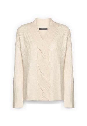 Kremowy sweter z dzianiny z długimi rękawami, kołnierzem szalowym oraz subtelnym ukośnym wzorem warkocza na przodzie.