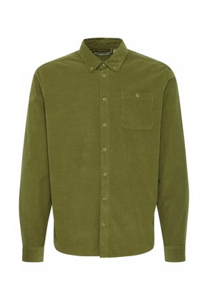 Chemise en velours côtelé vert olive avec un col à boutons, manches longues, poche poitrine avant et boutons assortis. Finition en tissu texturé.
