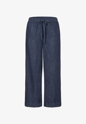Navy blue loose-fit trousers with elastic waistband and adjustable drawstring, made from lightweight denim fabric.