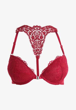 Reggiseno rosso in pizzo con un delicato motivo floreale, coppe imbottite e spalline regolabili con un design posteriore decorativo in pizzo.