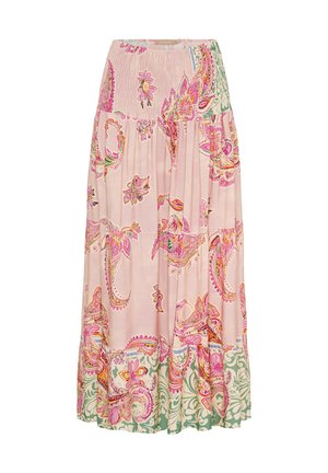 Lang pink nederdel med indviklede paisley- og blomster mønstre i nuancer af pink, grøn og gul; har et smocked taljebånd og flydende stof.