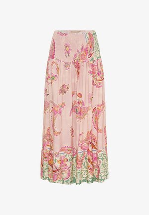 Lang pink nederdel med indviklede paisley- og blomster mønstre i nuancer af pink, grøn og gul; har et smocked taljebånd og flydende stof.