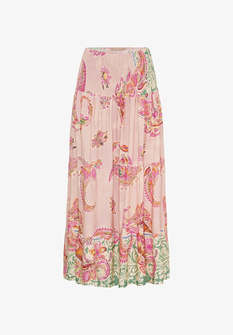 Lang pink nederdel med indviklede paisley- og blomster mønstre i nuancer af pink, grøn og gul; har et smocked taljebånd og flydende stof.