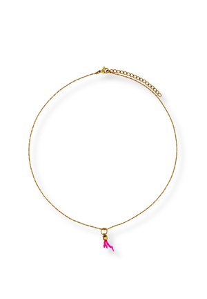 Delicate gold chain necklace with small pink coral-shaped pendant and adjustable clasp on white background.